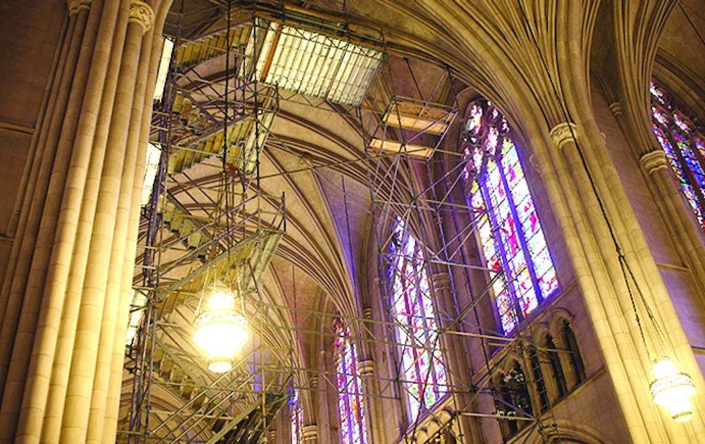 The Duke Chapel will be closed Sept. 10 through 21 to allow workers to restore the ceiling after a tile fell and broke earlier this summer.