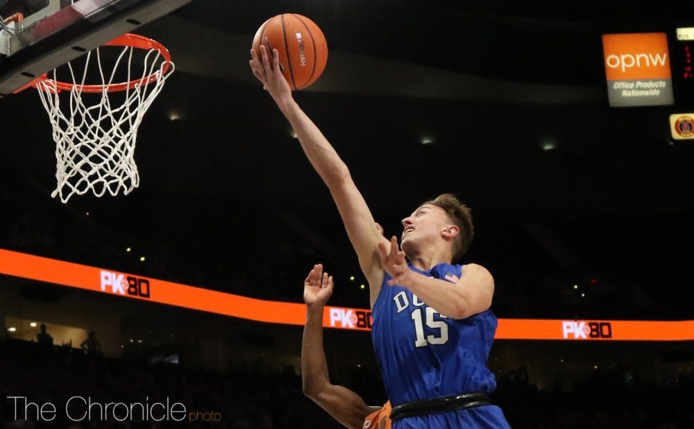Alex O'Connell scored nine straight points to help Duke seize a commanding lead in the final minutes of the half.