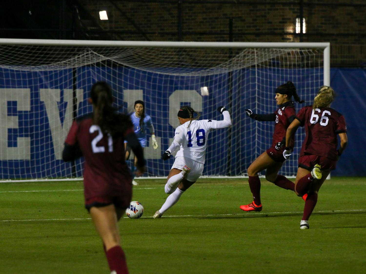 Michelle Cooper fires a shot on goal against Alabama in her last contest for Duke. 