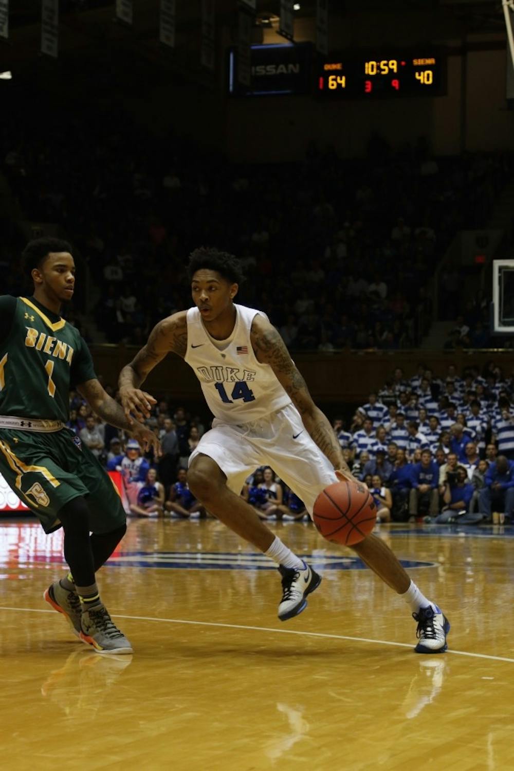 <p>Freshman Brandon Ingram saw a 3-pointer go down late in the second half after struggling from downtown all night. The Kinston, N.C., native finished with 15 points on 5-of-16 shooting.</p>