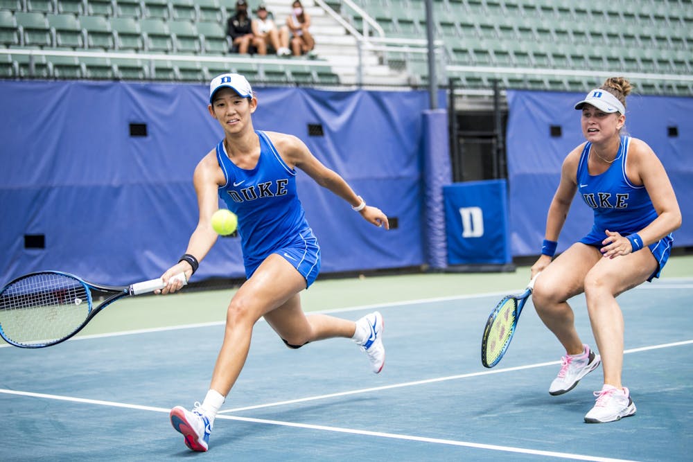 Meible Chi and Margaryta Bilokin won their doubles match to secure the doubles point for Duke. 