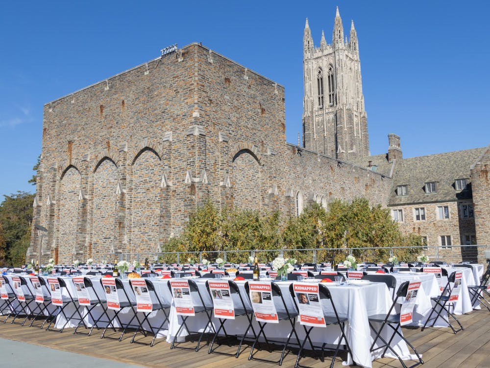 <p>A month after the Oct. 7, 2023, attacks on southern Israel, Duke students set up a Shabbat table on the BC stage to recognize the hostages in Gaza.</p>