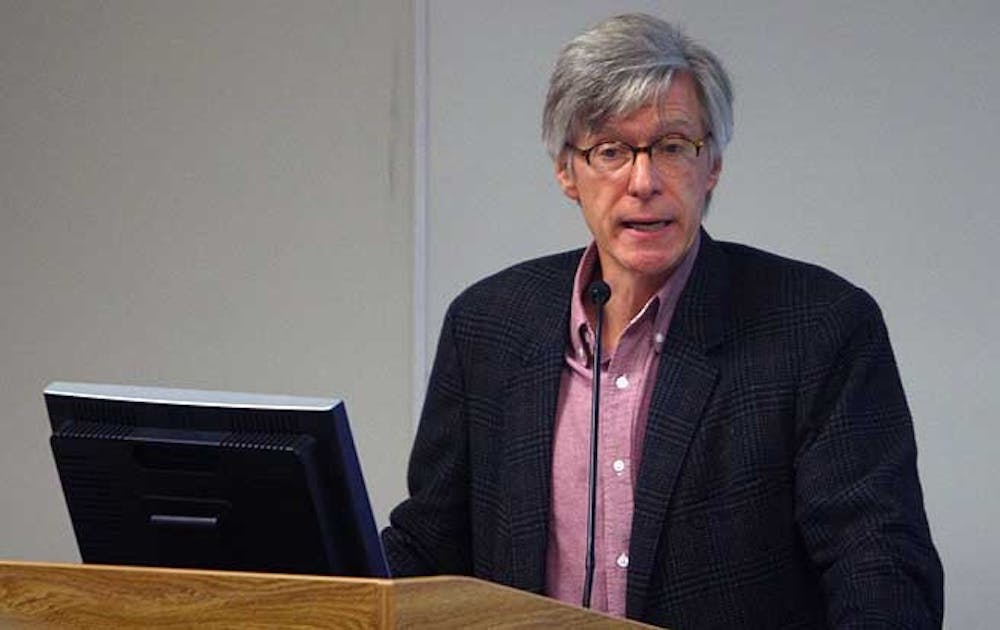 Jeffrey Vincent, Clarence F. Korstian Professor of Forest Economics and Management and chair of the global priorities committee, speaks at the Academic Council meeting Thursday.