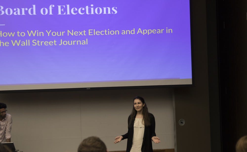 Attorney General Anna Kasradze, a sophomore, sought volunteers to serve on the Board of Elections at Wednesday's meeting.
