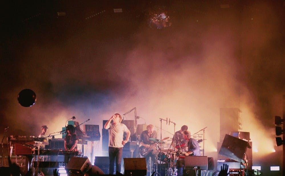 <p>Pictured in May at Atlanta's Shaky Knees Fest, James Murphy (center) and LCD Soundsystem returned from retirement with "American Dream."</p>
