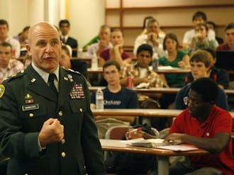 Brig. Gen. H.R. McMaster speaks about the U.S. counterinsurgency efforts in Afghanistan in the Sanford School of Public Policy Monday night.