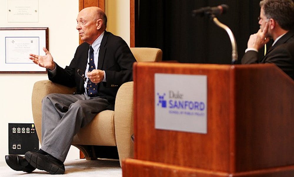 Robert James Woolsey speaks about reducing American dependence on fossil fuels in Fleishman Commons Wednesday.