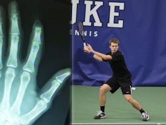After a run-in with a fence during a tennis match in San Diego, redshirt junior Cale Hammond did not need an X-ray to see he lost the top joint of his left index finger.