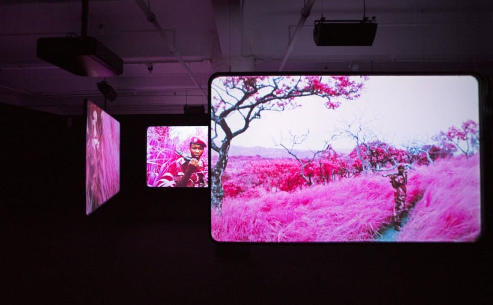 <p>Richard Mosse’s video “The Enclave” highlights the experiences of those living in war-torn countries. The video is 40 minutes long in its entirety and located in the back right pavilion.</p>