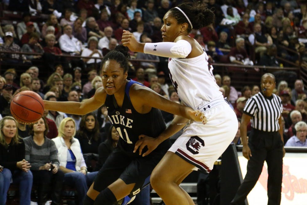 <p>Sophomore Azurá Stevens struggled against the length of South Carolina's frontcourt Sunday&mdash;shooting 3-of-11 from the field&mdash;but nearly posted another double-double in the loss.</p>
