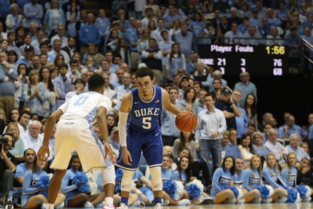 In two games against North Carolina, freshman Tyus Jones is averaging 23.0 points, 6.5 rebounds, 7.5 assists and 2.0 steals per contest.
