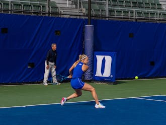 Junior Emma Jackson winds up for a backhand shot against Boston College. 