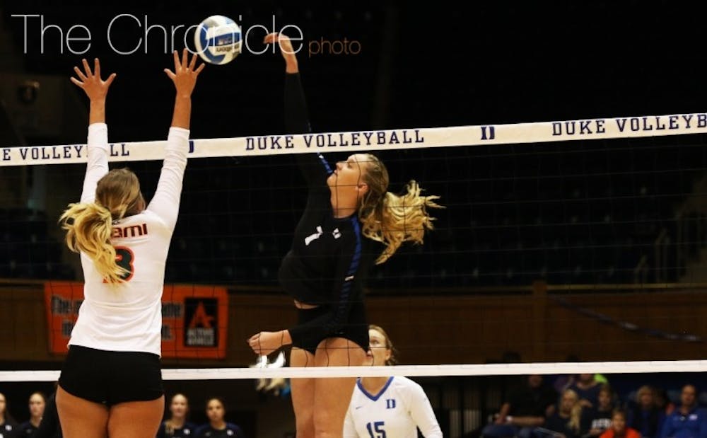 <p>Sophomore middle blocker Leah Meyer had another strong game Saturday but the Blue Devils suffered their second straight loss.&nbsp;</p>