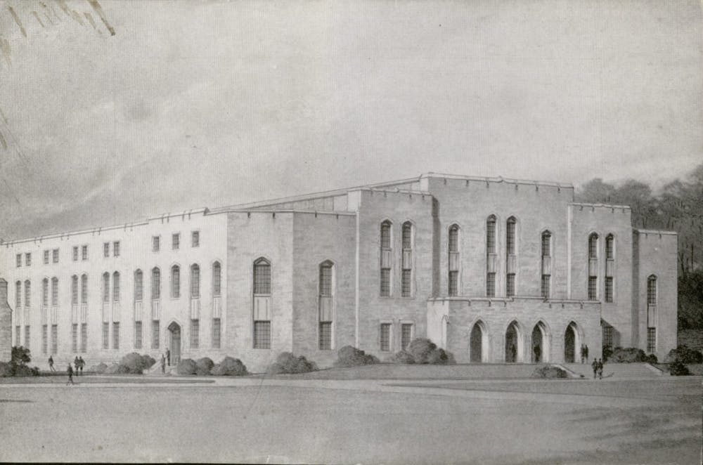 A look from the outside of Duke Indoor Stadium just before its opening in January 1940.