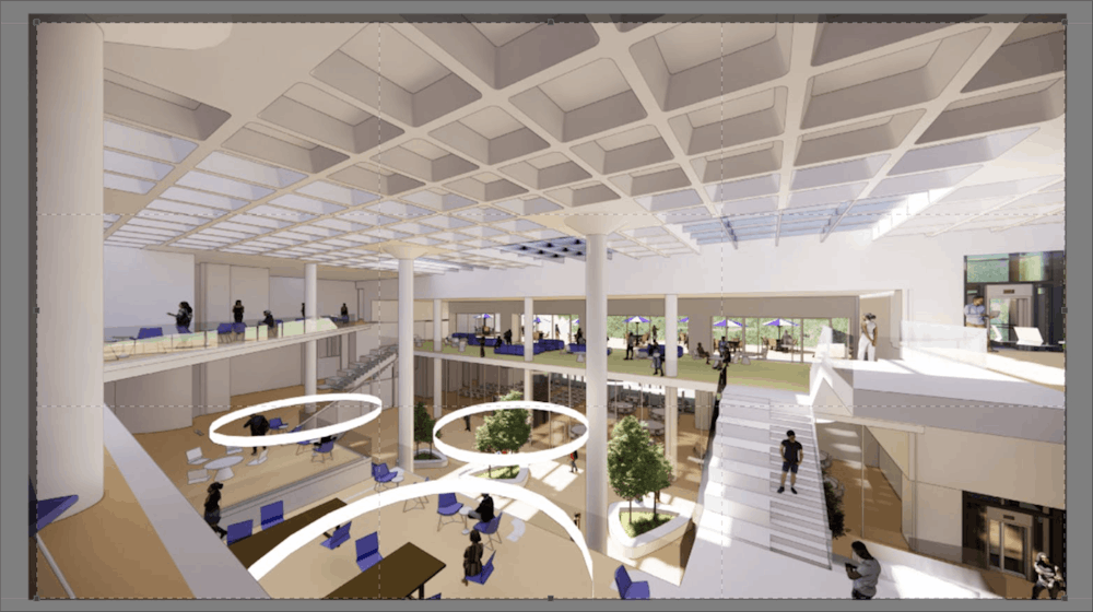 A rendering of the central atrium from the Upper Level illustrating the proposed social and gathering spaces for the Bryan Center's long-term renovation. Rendering by Sasaki.
