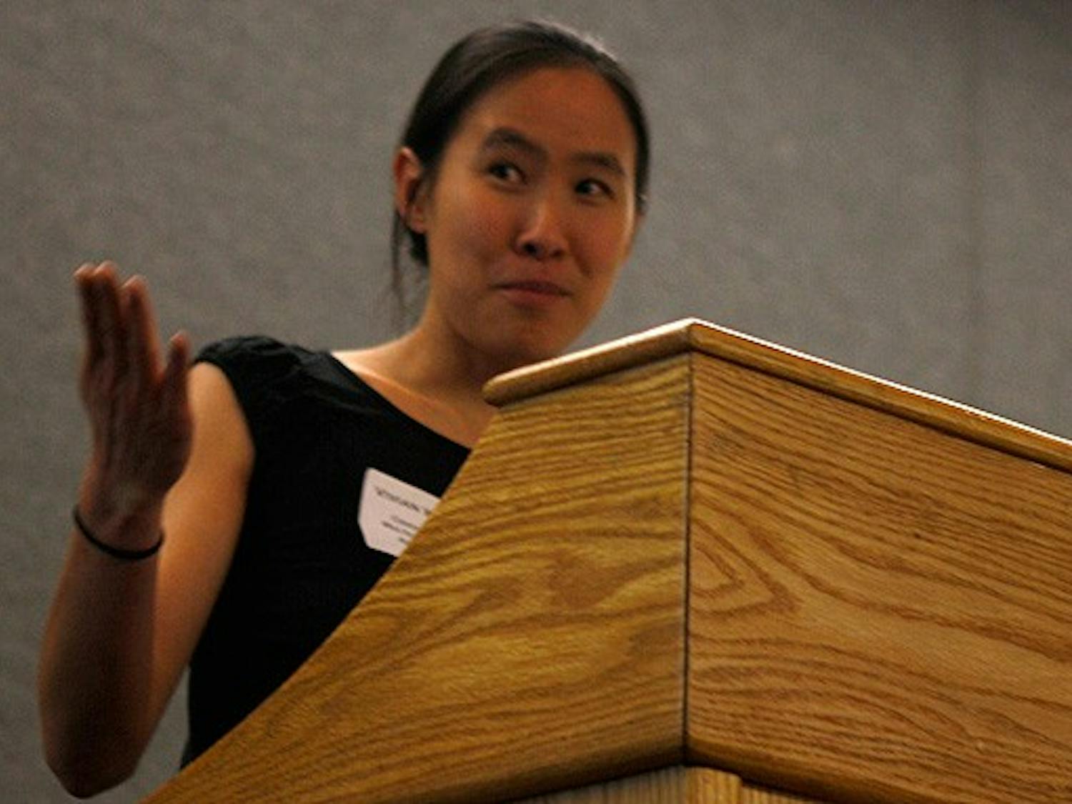 Vivian Wang, program coordinator of the Center for Multicultural Affairs, speaks during the 10th annual Unity Through Diversity Forum Wednesday night.