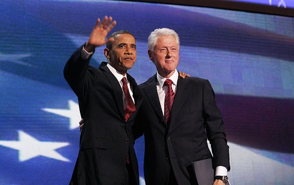 President Barack Obama embraces former President Bill Clinton after Clinton endorsed Obama in a speech at the Democratic National Convention in Charlotte Wednesday.