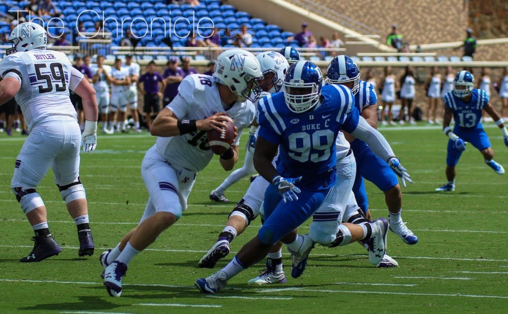 <p>Redshirt senior Mike Ramsay and Duke's defensive line pressured Clayton Thorson relentlessly all afternoon.</p>