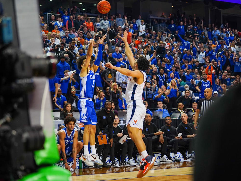 Tyrese Proctor shoots a second-half 3-pointer during the ACC championship game. His lone made field goal came when Duke needed it, putting the Blue Devils up 41-32.&nbsp;