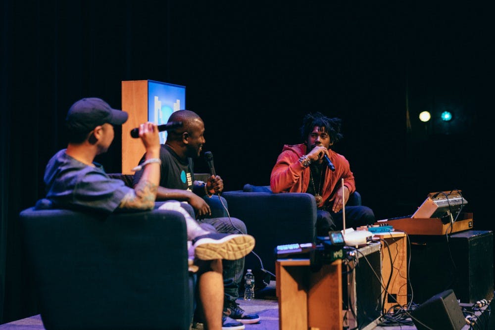<p>From left to right, DJ Tony Trimm, comedian Hannibal Buress and producer Flying Lotus talked music and creativity at the Carolina Theatre May 20.</p>