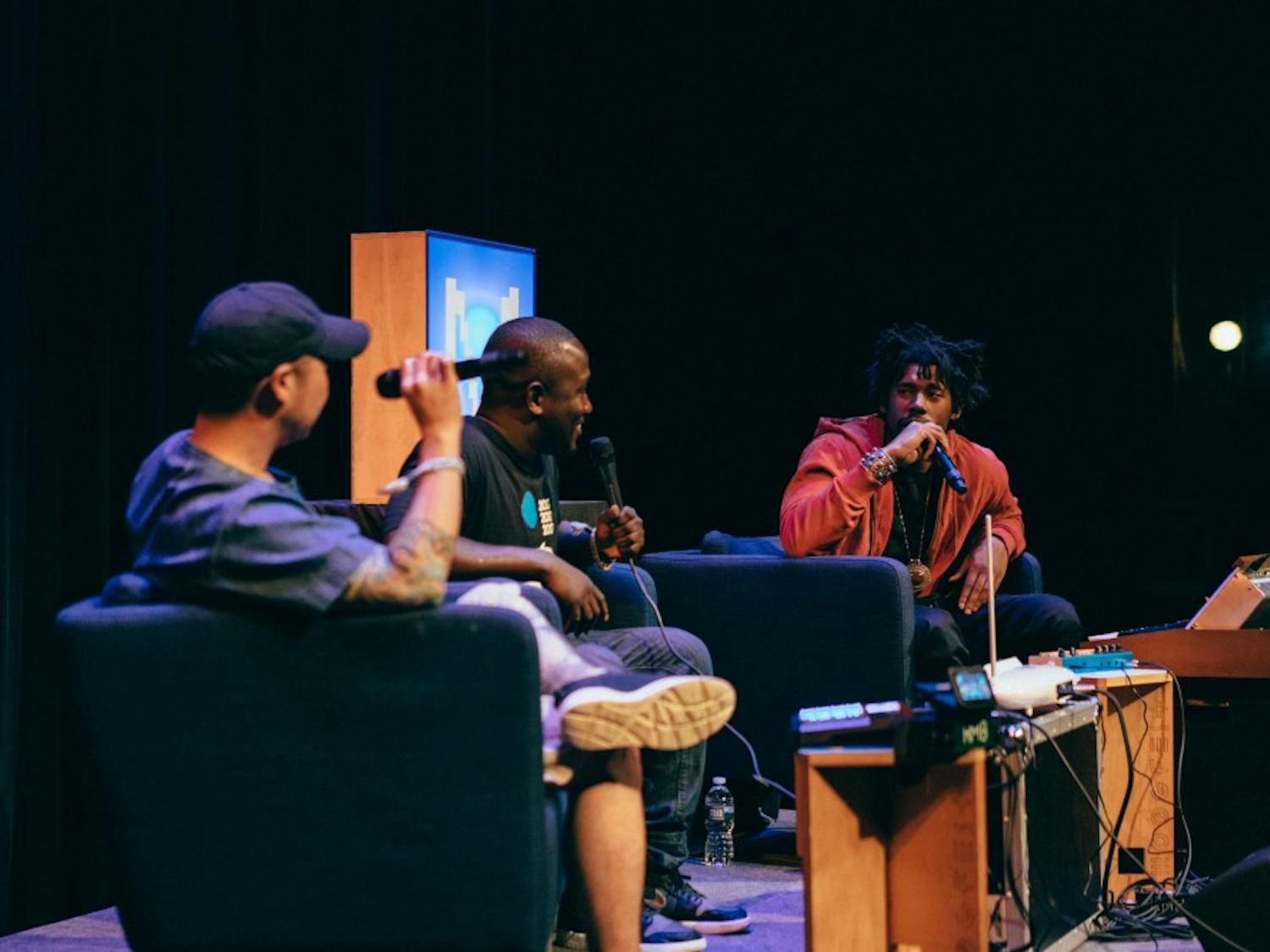 From left to right, DJ Tony Trimm, comedian Hannibal Buress and producer Flying Lotus talked music and creativity at the Carolina Theatre May 20.