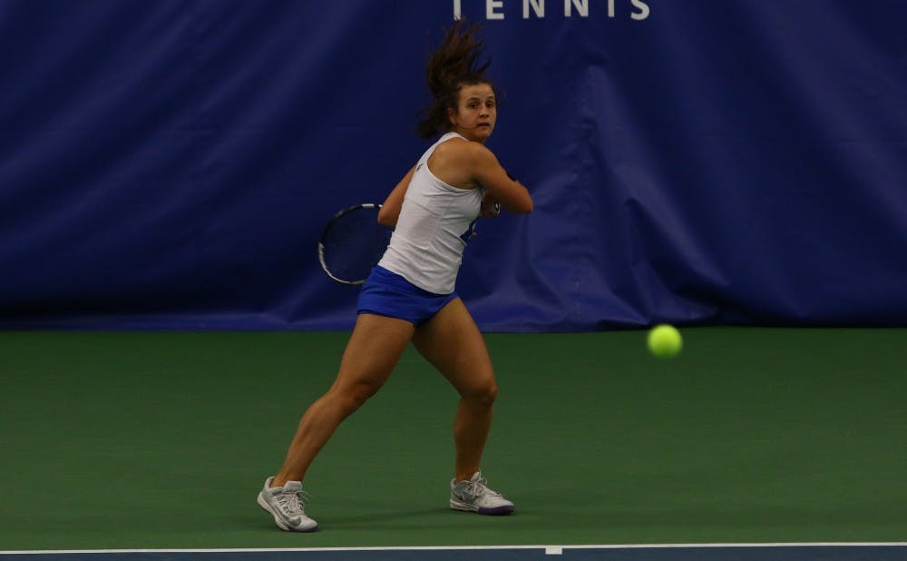 <p>Samantha Harris got the Blue Devils off to a quick start Sunday at Louisville with easy wins in both doubles and singles action.</p>