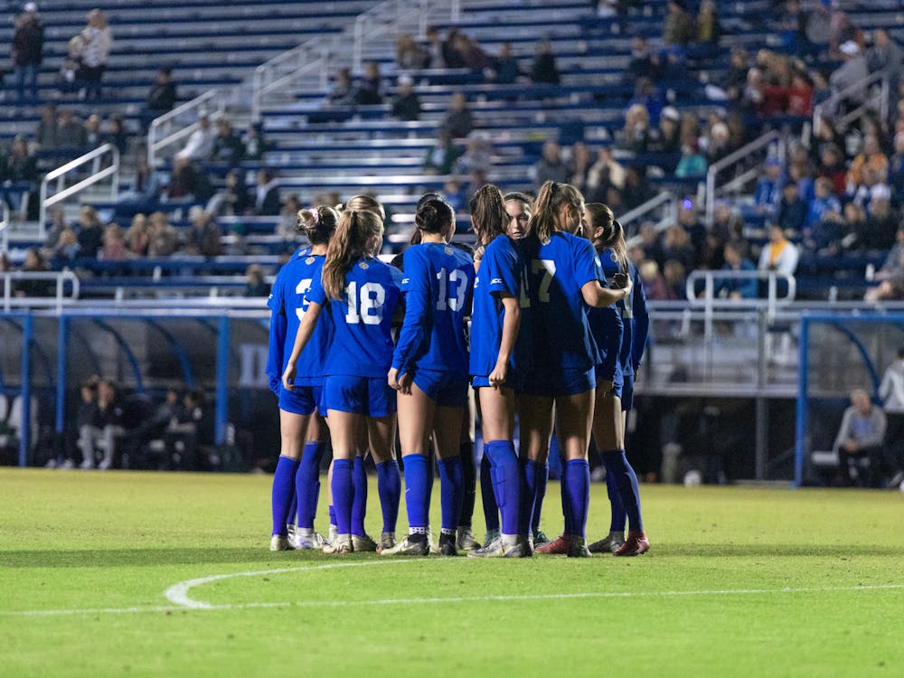 Duke women's soccer gathers during its match against Michigan State. 