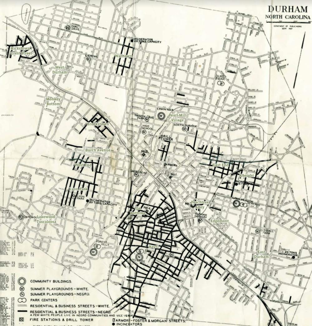Map of Durham's neighborhoods, created by Durham Public Works Department in 1937.&nbsp;Courtesy of State Archives of North Carolina.