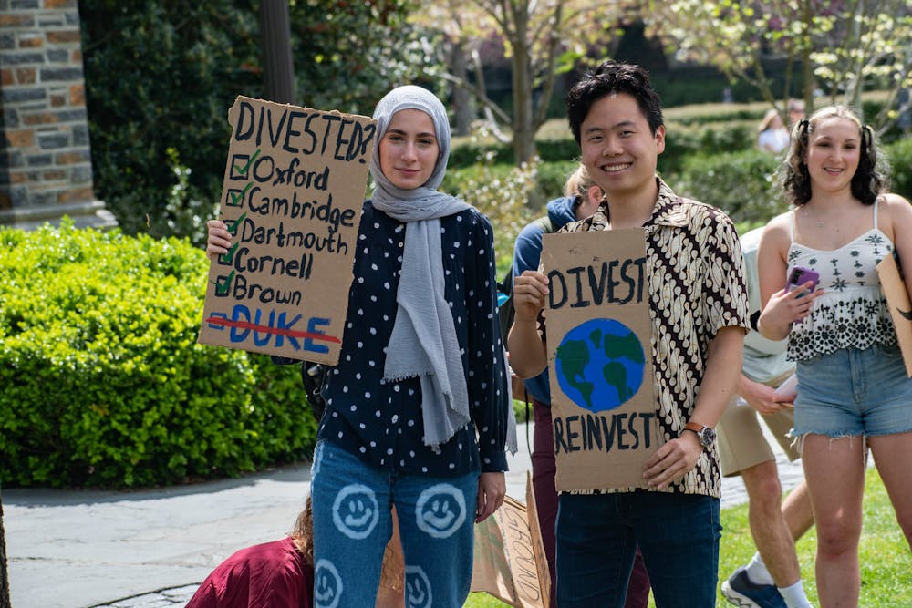 <p>Students and supporters gathered to demand that Duke divest from fossil fuels, following a recent referendum overwhelmingly in favor of divestment, on April 6, 2022.&nbsp;</p>