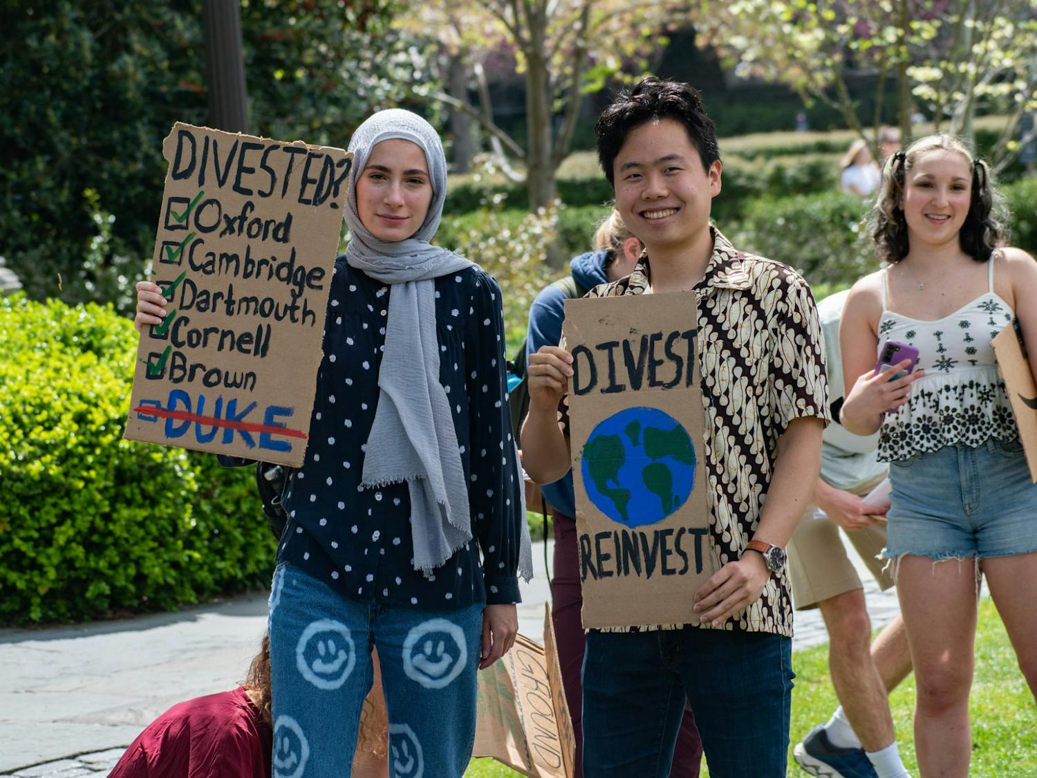 Students and supporters gathered to demand that Duke divest from fossil fuels, following a recent referendum overwhelmingly in favor of divestment, on April 6, 2022.&nbsp;