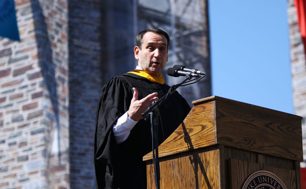 <p>Men's basketball head coach Mike Krzyzewski delivered the 2016 commencement address, encouraging graduates to surround themselves with good people.&nbsp;</p>