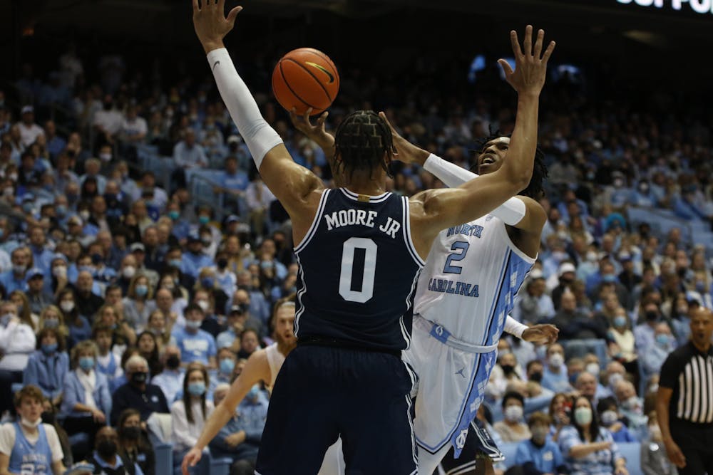 North Carolina guard Caleb Love had a rough go last time against Duke, shooting 3-for-10 with only eight points.