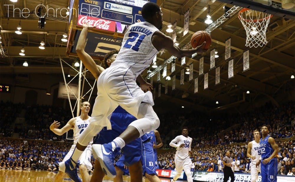 Senior Amile Jefferson led all scorers with 13 points at Duke's annual Countdown to Craziness showcase Saturday night.