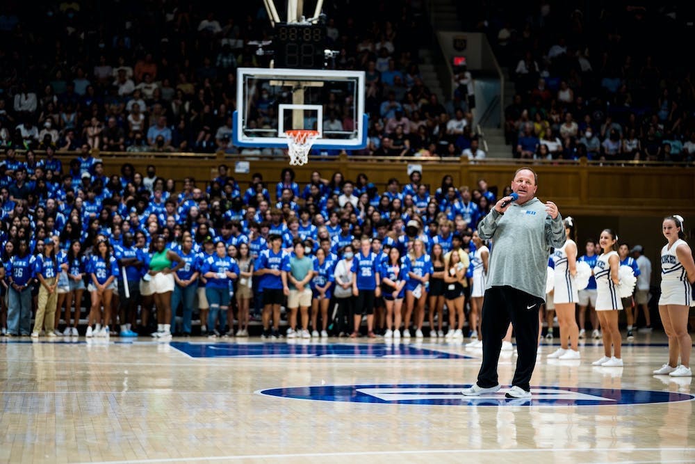 Duke head coach Mike Elko addresses first-year students Aug. 20 in Cameron Indoor Stadium.