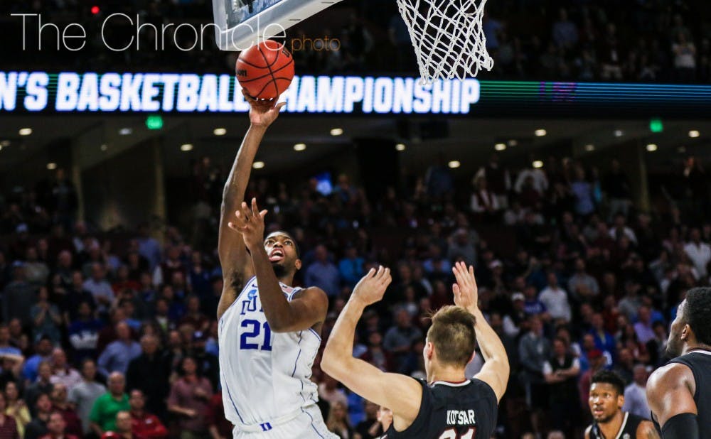 <p>Amile Jefferson had 14 points, 15 rebounds and six blocks in the last game of his college career.</p>