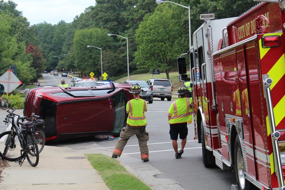 A car accident caused a car to flip over on campus Sunday afternoon.