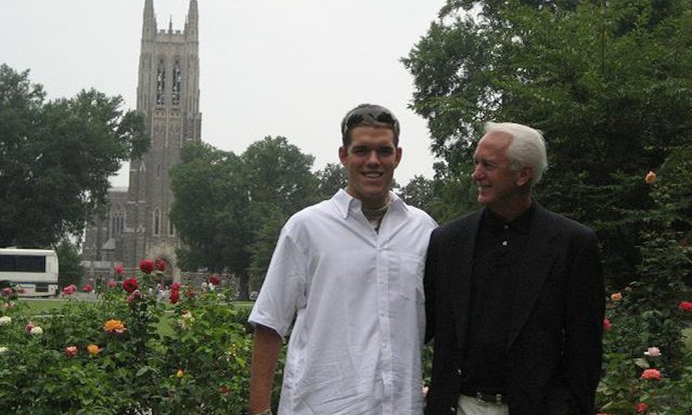Jay Jeffrey poses with his father Glenn in front of the Duke Chapel. Jay passed away Sunday morning after a prolonged battle with drug and alcohol addiction.
