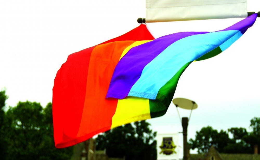 During Janie Long's tenure as director of CSGD, the LGBTQ community became more visible with the opening of a new space in the Bryan Center and an increase in the scope of celebrations such as National Coming Out Day, which included the display of flags such as these.