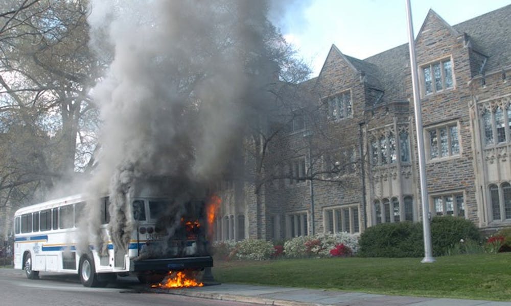 A 1998 Bluebird model bus erupted in flames on West Campus March 30, 2006. Last Wednesday, another Bluebird model manufactured in the late 1990s also caught on fire on East Campus.