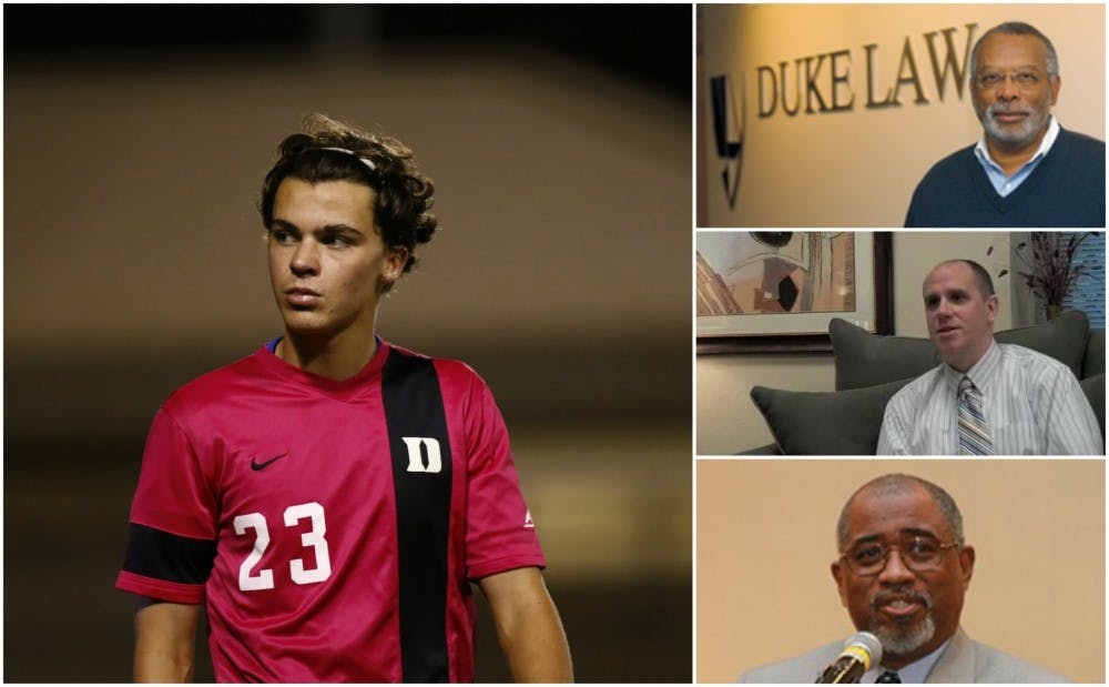 <p>Junior men’s soccer player Ciaran McKenna (left) is suing Duke and&nbsp;Dean of Student Conduct Stephen Bryan (middle right) for mishandling his sexual&nbsp;assault hearings. Judge Orlando Hudson (bottom right)&nbsp;presided over the hearings. James Coleman, John S. Bradway professor of the practice of law, (top right) advised McKenna during the process.&nbsp;</p>