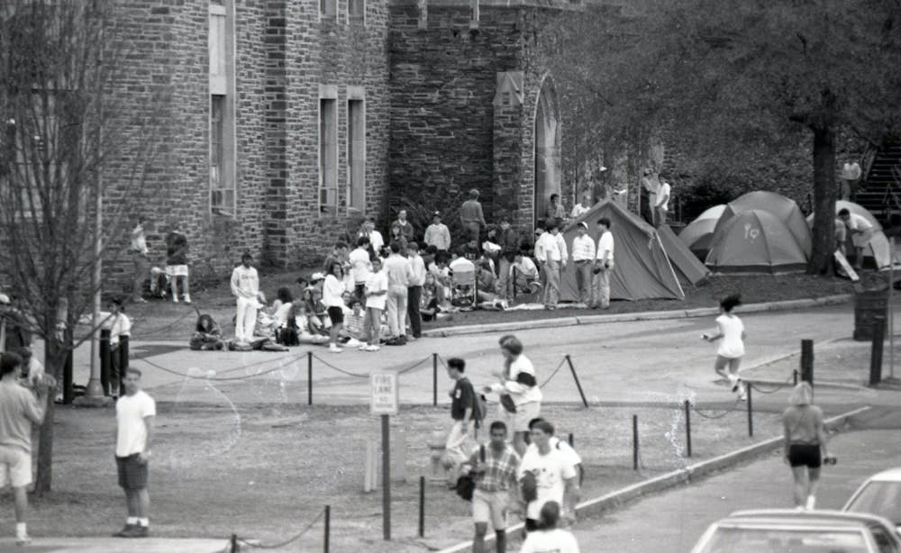 <p>Students tenting in K-Ville in 1991.</p>