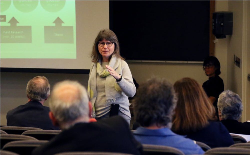 Provost Sally Kornbluth speaks at an Arts and Sciences Council meeting in 2017.