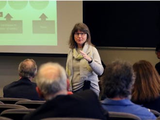 Provost Sally Kornbluth speaks at an Arts and Sciences Council meeting in 2017.