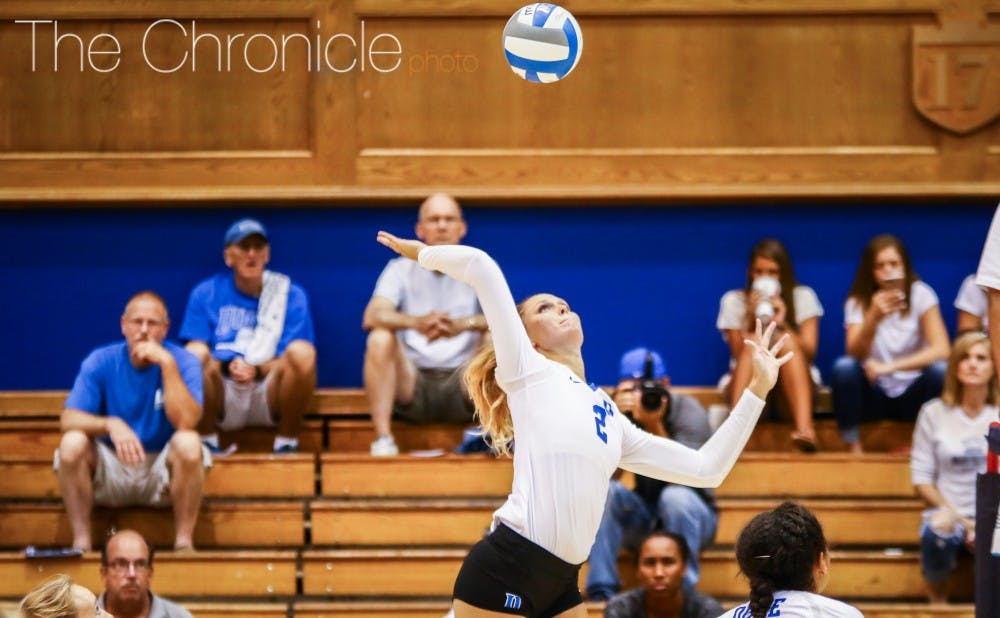 Sophomore Jessi Bartholomew paced the Blue Devils with 15 kills Saturday evening in a dramatic win at Virginia.&nbsp;