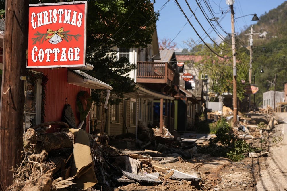 <p>Businesses in Chimney Rock Village, N.C., are seen in a debris field Oct. 2 in the aftermath of Hurricane Helene.</p>