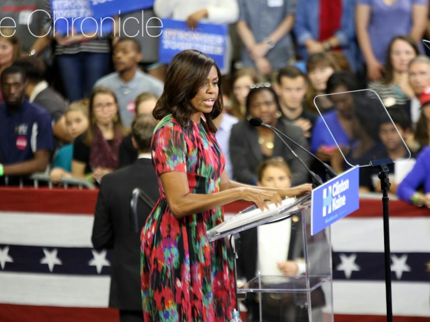 First Lady Michelle Obama praised Democratic presidential nominee&nbsp;Hillary Clinton&nbsp;during a campaign stop in Raleigh Tuesday.&nbsp;