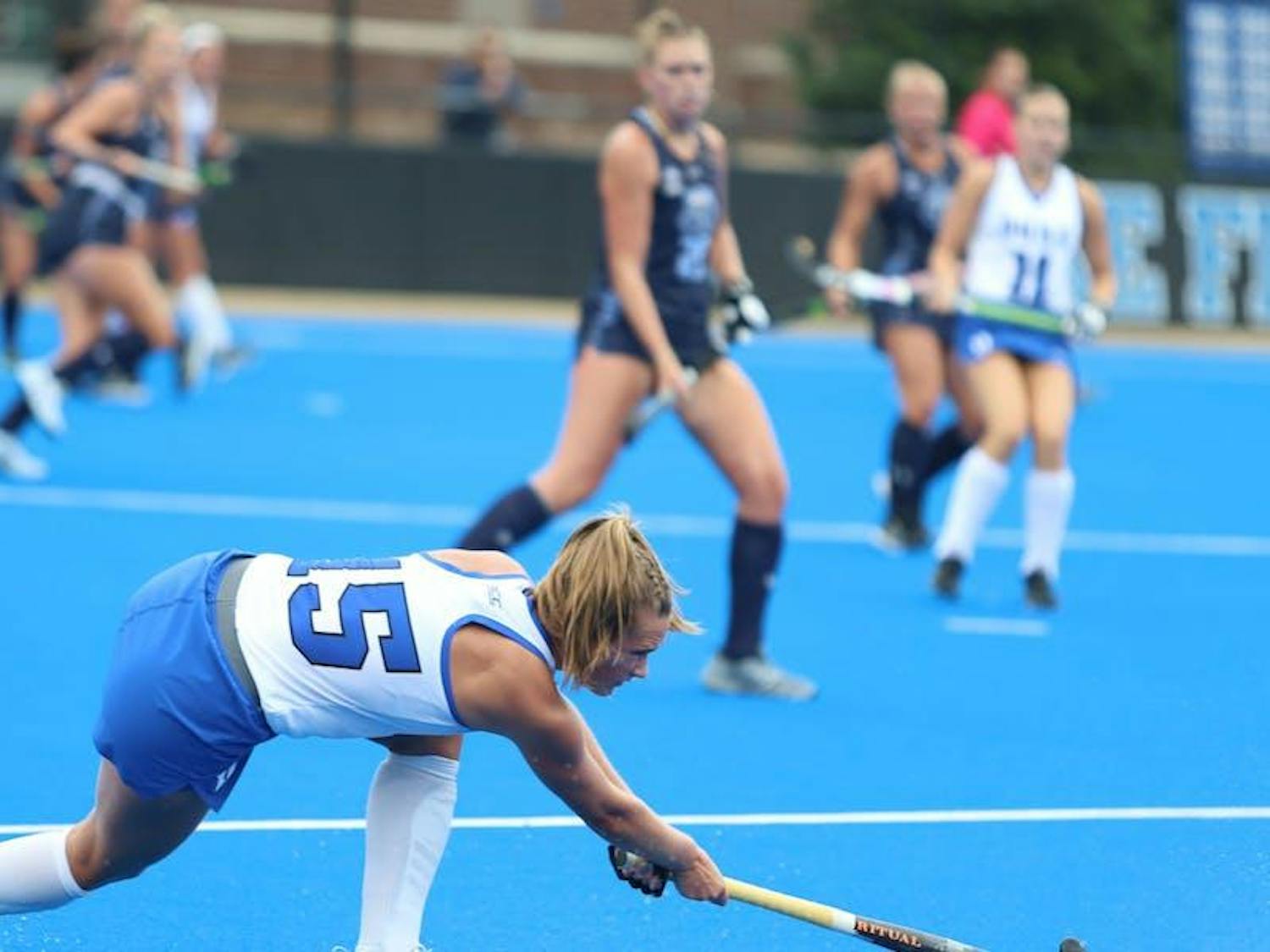 Freshman back Josephine Veen passes the ball up against Old Dominion.