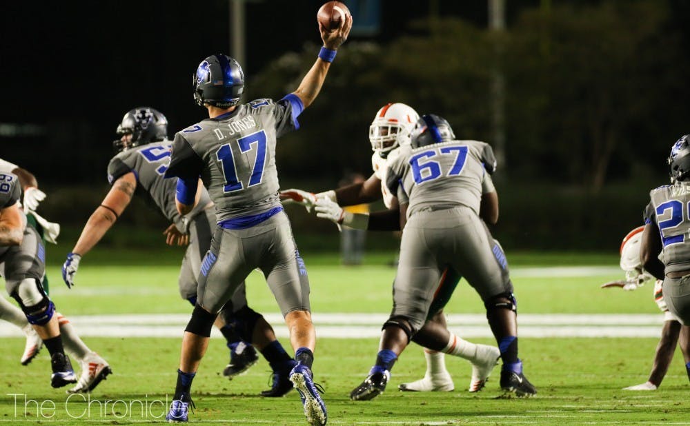 Duke quarterback Daniel Jones was unable to get anything going against Miami's defense. 