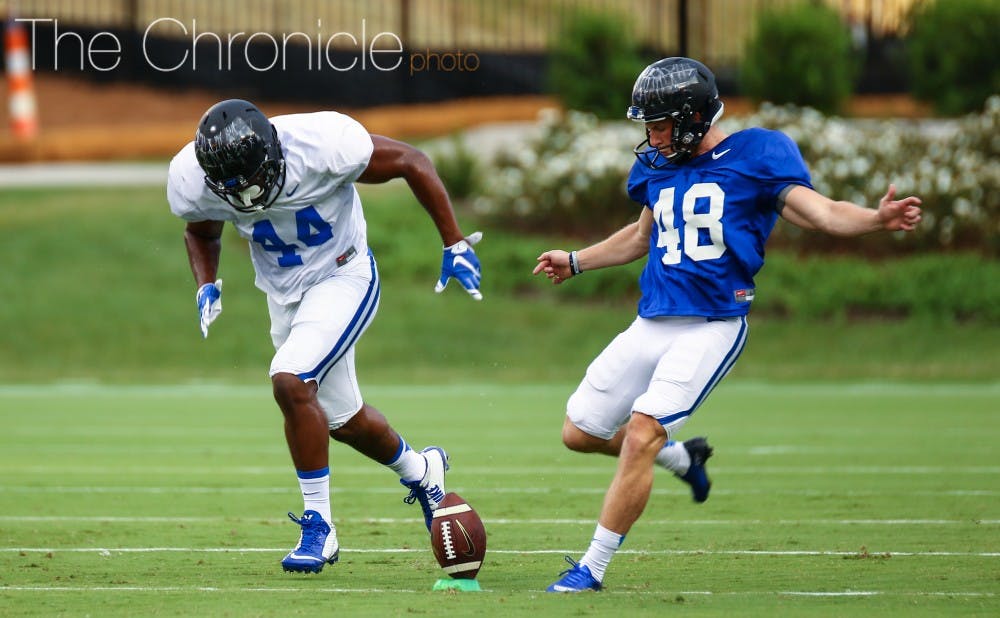 <p>True freshman A.J. Reed is expected to be Duke's starting kicker this year, but senior Danny Stirt is also contending for the job in fall camp.</p>