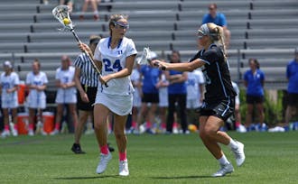 Senior Katie Trees and the Blue Devils could not complete the comeback Sunday against Johns Hopkins.